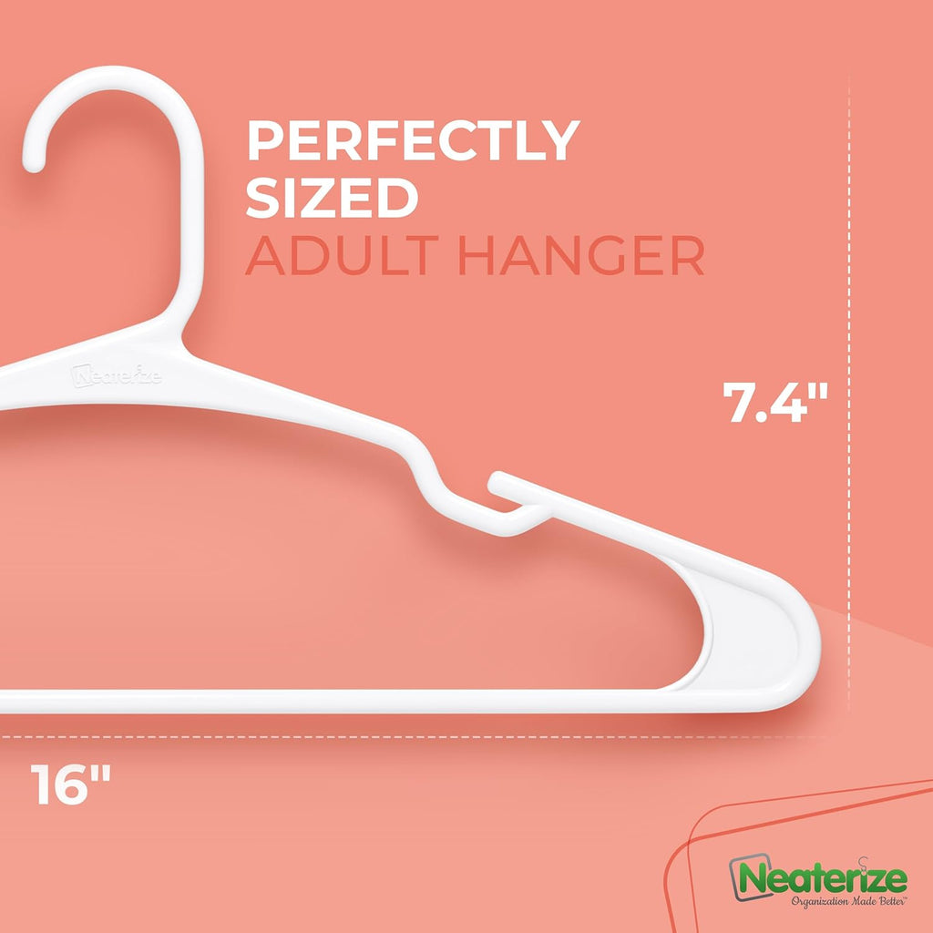 Neaterize Plastic Clothes Hangers - 50 Pack Space-Saving Adult Coat Hangers | White Color