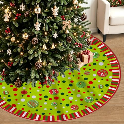 48-Inch Christmas Tree Skirt with Polka Dots and Festive Border - Green