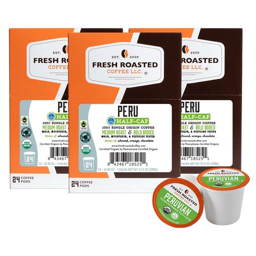 Fresh Roasted Coffee, USDA Organic Peru Water-Processed Half-Caf | 3rd Party Tested for Pesticides, Mold, Mycotoxins, Kosher | 100% Arabica, Specialty Grade, Med Roast 72 Pods for K Cup Brewers
