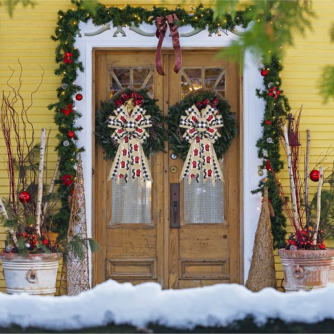 Large Christmas Wreath Bow Set with Black Buffalo Plaid and Burlap Santa Boots Variation
