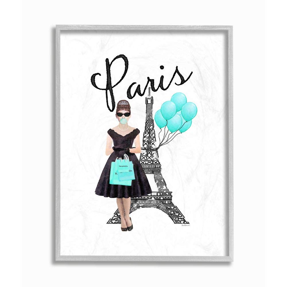 Stupell Industries Paris Woman Shopping Eiffel Tower Blue Glam Fashion Watercolor