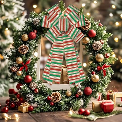 Large Christmas Stripe Burlap Wreath Bow - 11.42 x 20.86 Inches