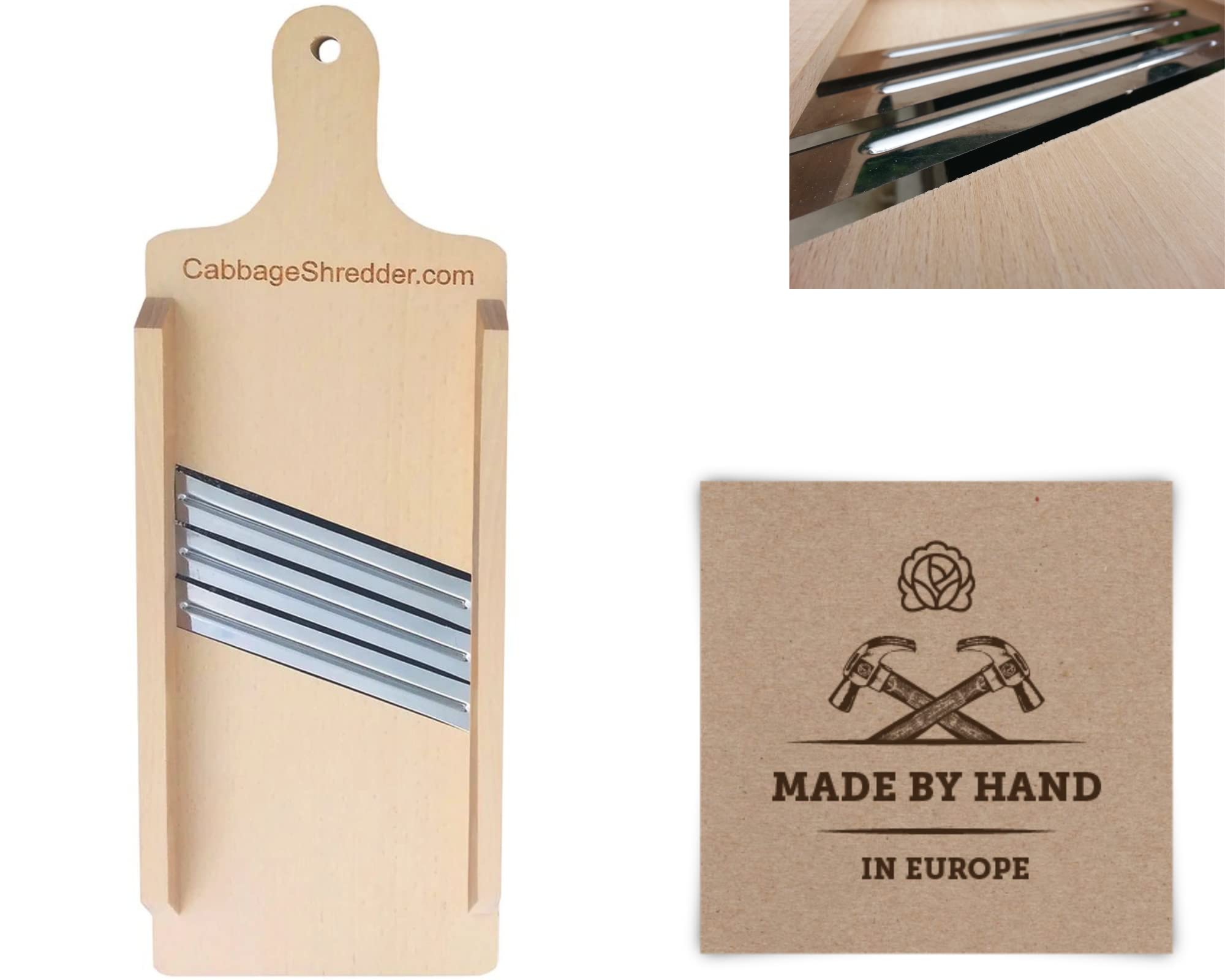 Wooden Cabbage Shredder, Vegetable Slicer for Food Preparation, Sauerkraut, Coleslaw, Salads. Pre-Oiled. Three Blades. A Cut Resistant Glove.