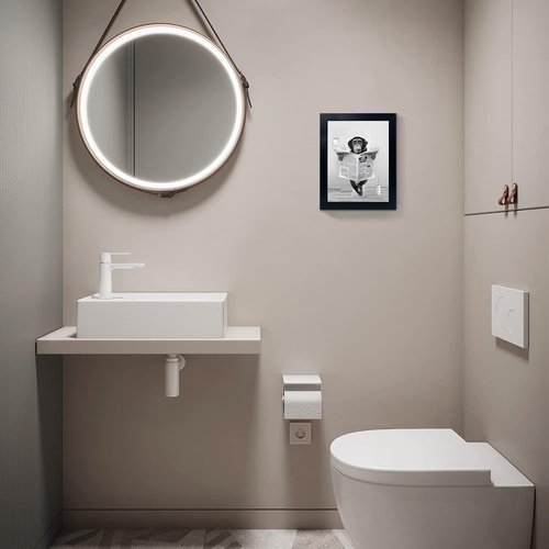 Funny Monkey Framed Wall Art - Humorous Black and White Bathroom Decor | Rustic Farmhouse Style (8"x10")