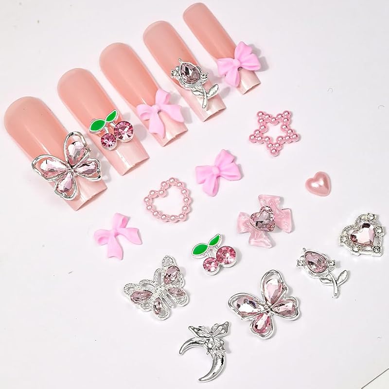110Pcs Pink Bow Flower Nail Charms Rhinestone 3D Alloy Art Decor