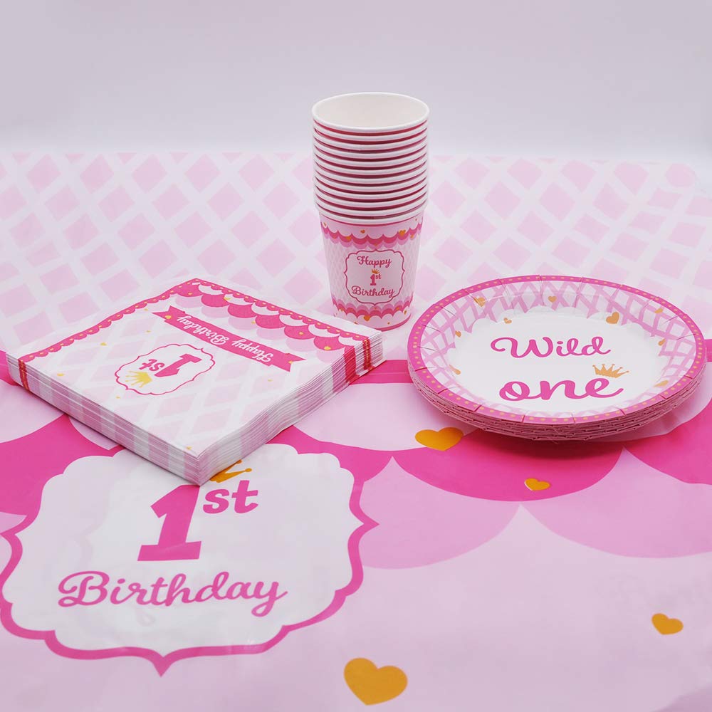 JOYIN 1st Girl Birthday Supplies Decoration Wild Set (Happy Banners, Hat, Foil Balloon Confetti Balloon, Cake Topper, Plates, Cups, Napkins, Tableware, Pom-poms Balls) for One Baby First Bday Party.