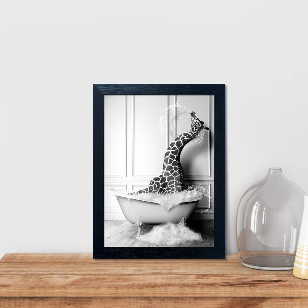 Skiennix Giraffe in Bathtub Canvas Print - Funny Black and White Bathroom Wall Art | Framed Farmhouse Decor