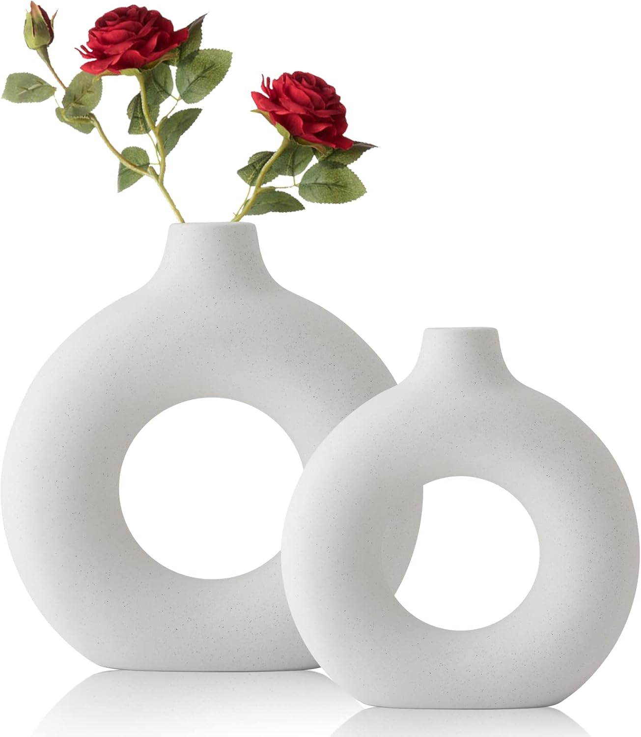 Skiennix White Ceramic Vases - Modern Round Pampas Grass Decor | Set of 2 for Minimalist Home & Office