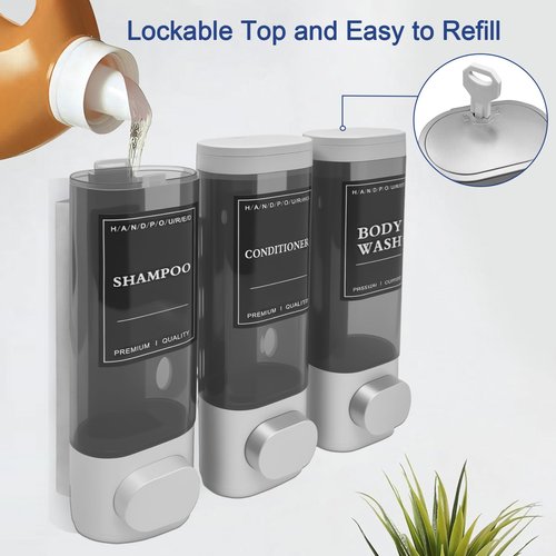 Emelunox 3-Chamber Wall Mount Shower Dispenser - No-Drill Adhesive or Drill Mount - Refillable Shampoo, Conditioner & Body Wash Dispenser for Home, RV & Hotel - Eco-Friendly & Compact (Silver)