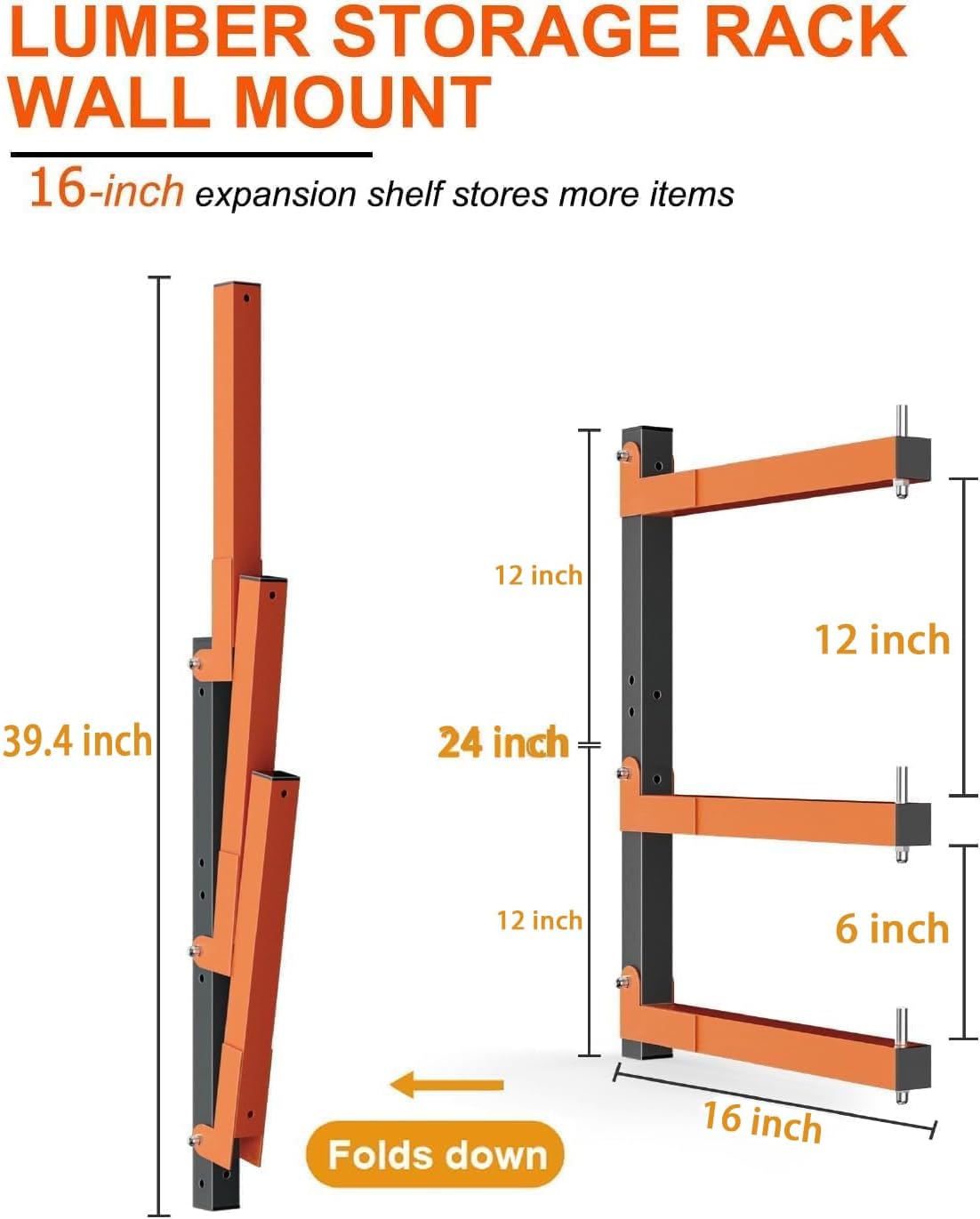 Skiennix Lumber Storage Rack - Heavy-Duty Wall-Mounted Organizer | Holds Up to 720 LBS - 4 Pack, Orange
