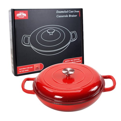 COOKWIN Cast Iron Casserole Braiser, 3.8 Quart Enameled Cast Iron Dutch Oven Pan with Lid, Heavy Duty and Dual Handles Skillet, Oven-Safe Porcelain Surface Casserole Dish, Red