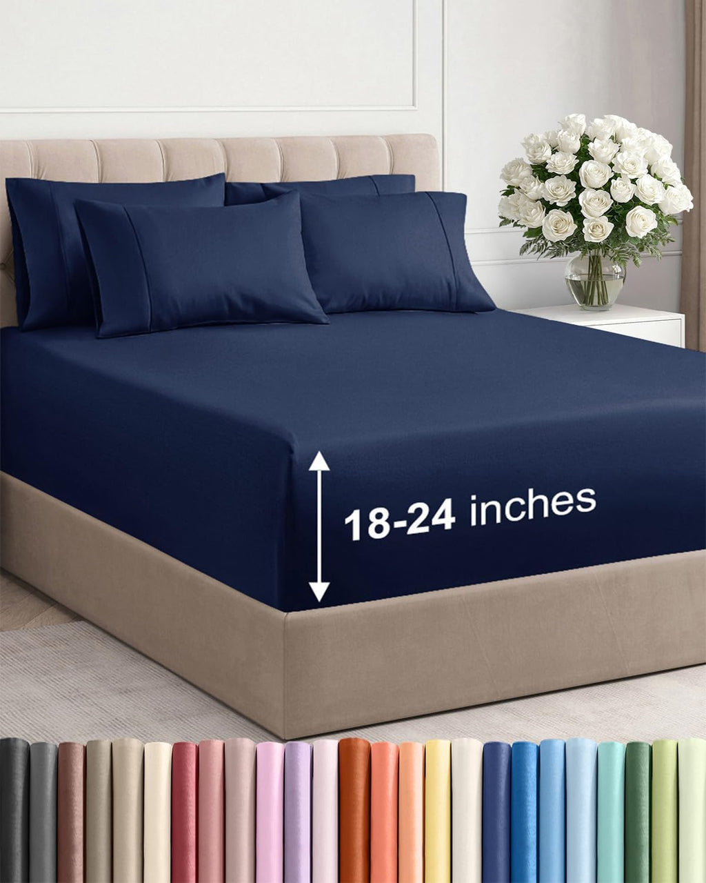 Skiennix Extra Deep Queen Sheet Set - 6 Piece Cooling & Breathable Bedding - Soft, Wrinkle-Free Navy Blue