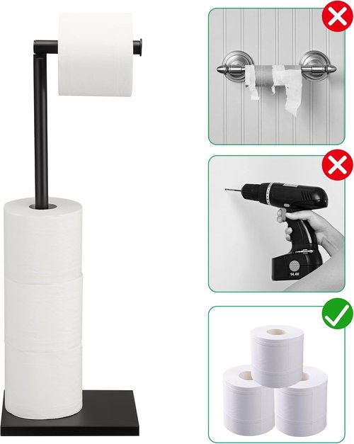 DECLUTTR Free Standing Toilet Paper Holder - Stainless Steel Pedestal with Reserve - Black Finish