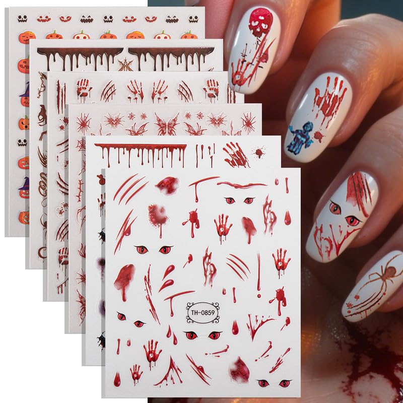 6-Sheet Halloween Nail Art Stickers - Bloody Handprints & Pumpkins