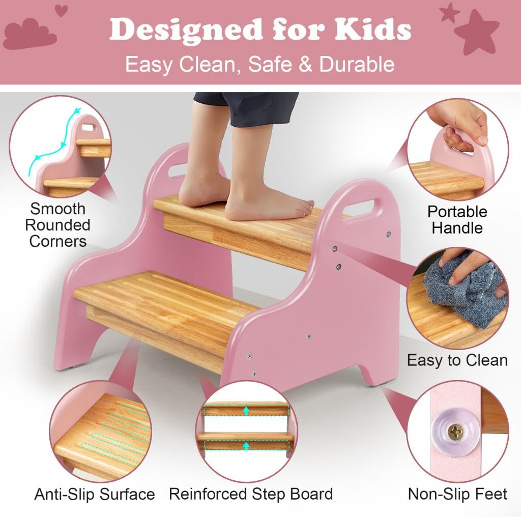 StrongTek Kids 2 Step Stool, Rubber Wood Step Children Stool, Safe & Sturdy, Ideal for Bathroom, Kitchen, Home Use, Durable, Non-Slip, Child Safety, Foot Stool, Toddler Step Stool, Easy to Clean