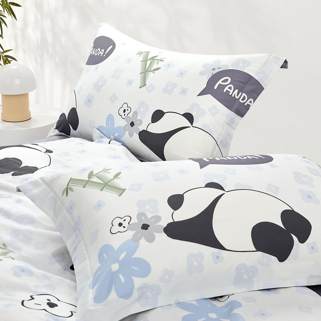 SAPHREAS Home Queen Size Cute Cartoon Pandas Duvet Cover Set 3pcs Animal Comforter Cover 100% Cotton Kids Duvet Cover Set 1 Duvet Cover 2 Pillow Shams