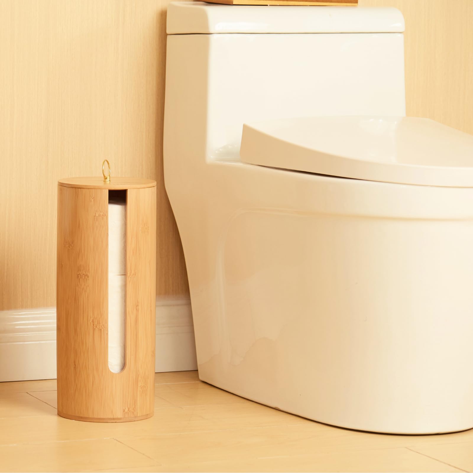 Gobam Bamboo Toilet Paper Storage with Dual-Use Lid, Freestanding Bathroom Tissue Organizer with Viewing Slot, Built-In Handle, Anti-Slip Base, Compact Toilet Paper Holder Stand for up to 3 Mega Rolls