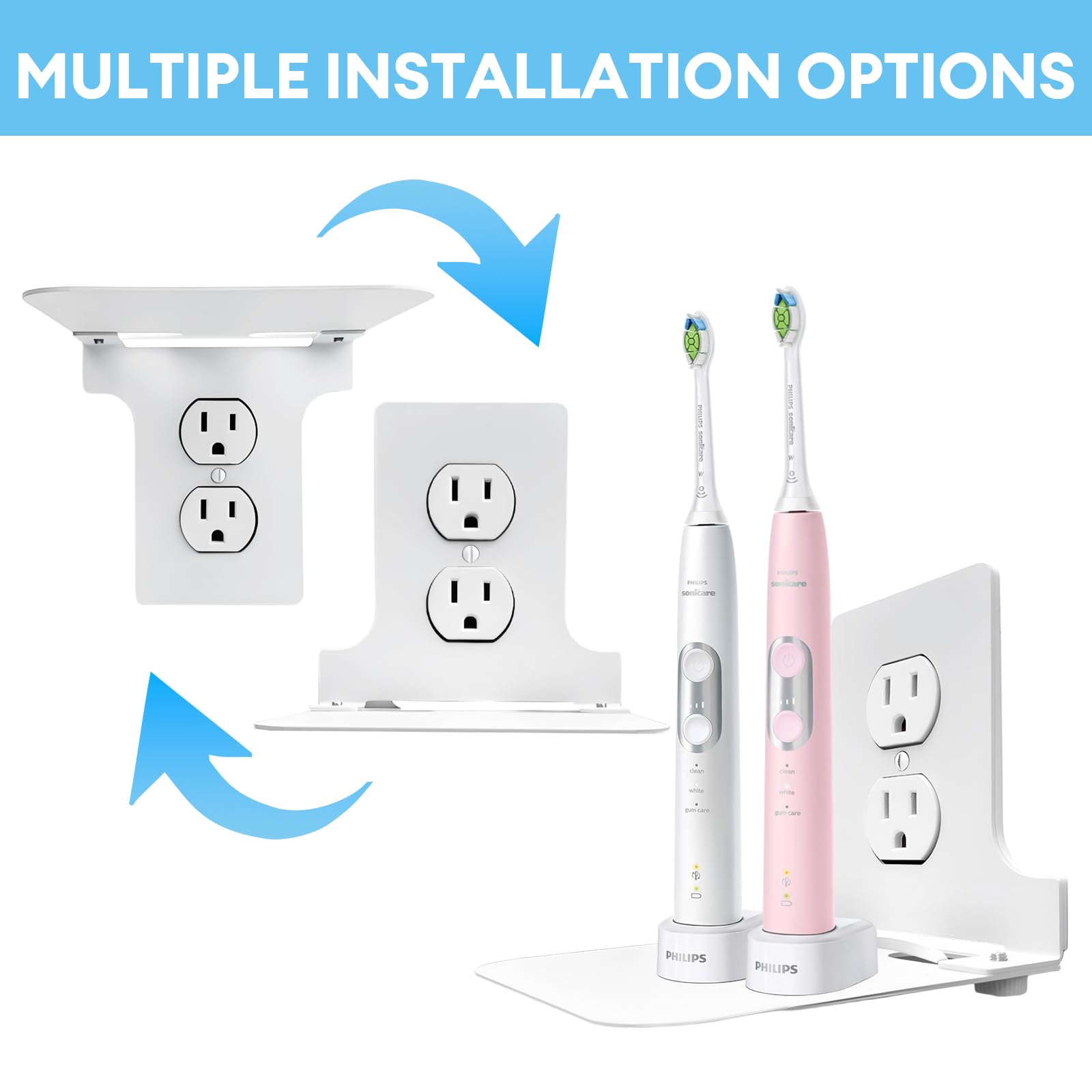 Metal Outlet Shelf Wall Holder for Duplex (Round) Outlets - Bathroom & Kitchen Organizer with Cord Storage, Quick Install for Smart Home Toothbrush Holder Holds Smart Speaker Cell Phone