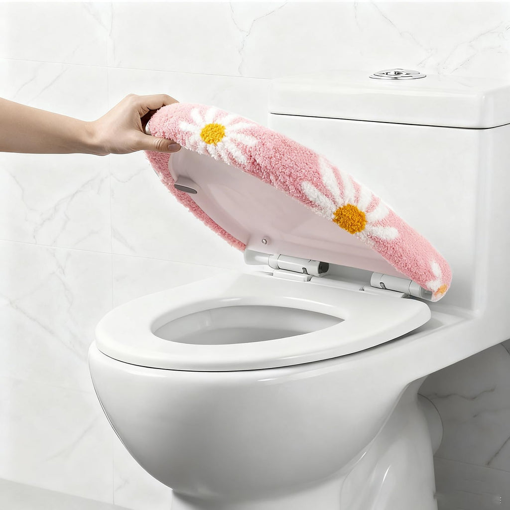 Pink Flower Bathroom Toilet lid, Cute Daisy Toilet lid Cover, Machine Washable, Beautiful and Soft Bathroom Decoration Suitable for Most Round, Oval and Long Toilet Seats (Pink)