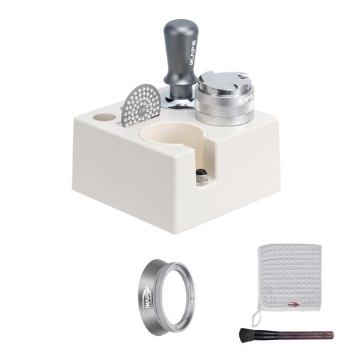 IKAPE 58mm Espresso Tamper Kit Silver 7 IN 1, Coffee Tamper Set comprising a Tamper, Distributor, Magnetic Dosing Funnel, Puck Screen, Station, WDT Tool, along with a Cleaning Towel and Brush