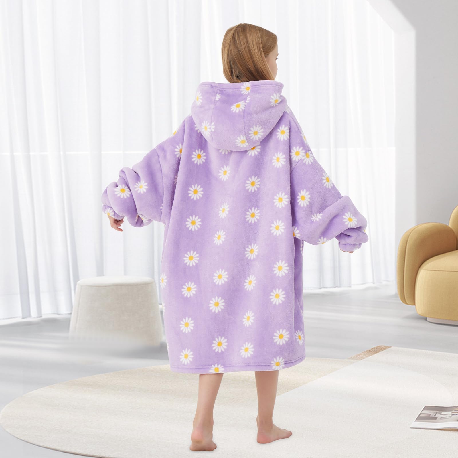 Wearable Blanket Hoodie for Kids Oversized Sherpa Blanket Hoodie for Kids Boys Girls Teens 6-13YR,Daisy