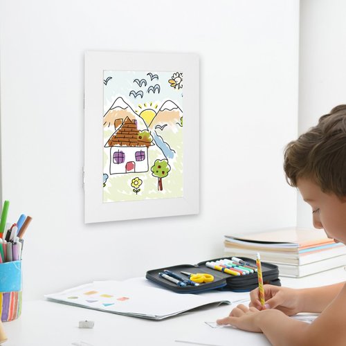 HOMSFOU Kids Artwork Picture Frame 7.2X5.3 Inch - Changeable Front Opening for Drawings, Photos, Posters - White Wooden Frame for Wall or Desktop Display