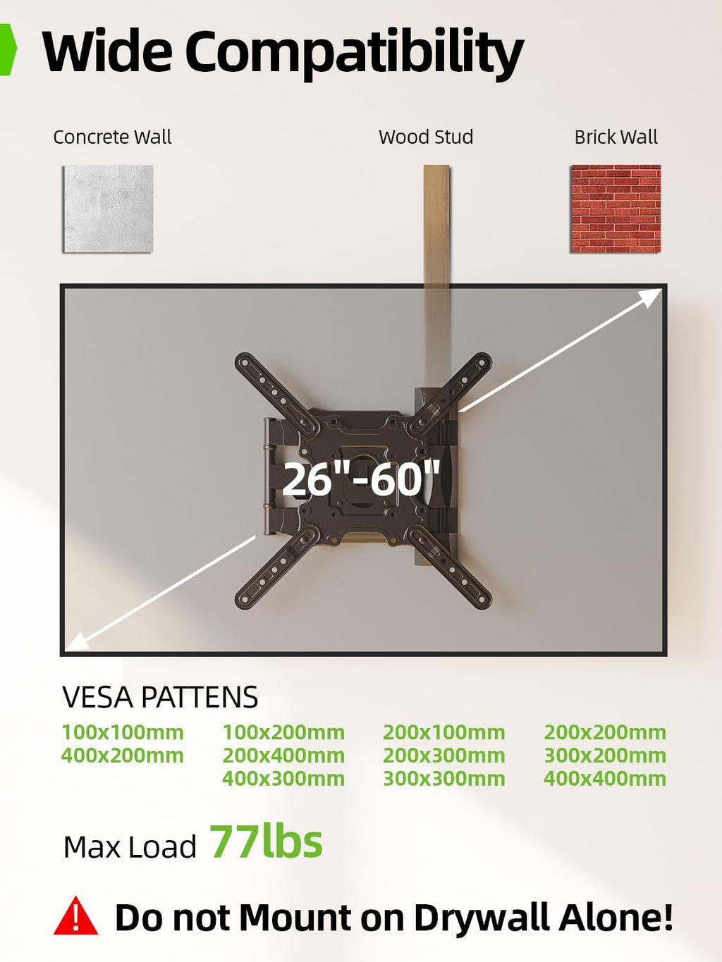 USX Mount TV Wall Mount - Full Motion Bracket for 26-60 Inch TVs, Swivel & Tilt, Max VESA 400x400mm
