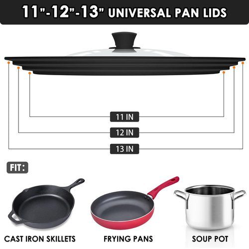 GDDGCUO Universal Pan Lids, Silicone Pot lids for Pots, Pans & Skillets - Fits 11", 12" & 13" Diameter Cookware, Replacement Frying Pan lid, Dishwasher Safe (Black)