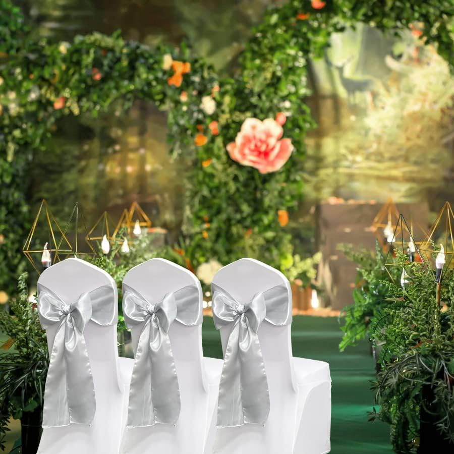 Skiennix Satin Chair Sashes - 50PCS Elegant Ribbon Ties for Wedding & Event Decor | Silver