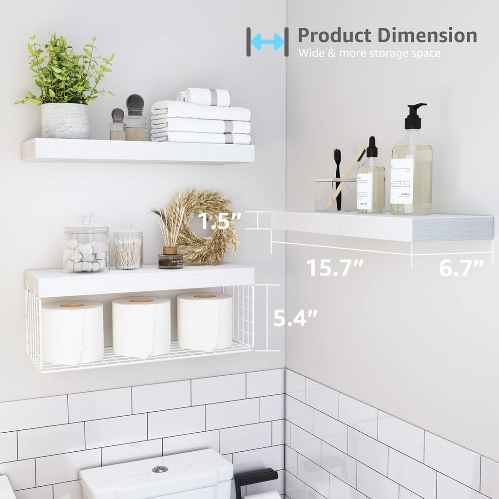 QEEIG Bathroom Shelves Over Toilet - Wall Mounted Floating Storage for Toilet Paper | Set of 3, 16 Inch, White