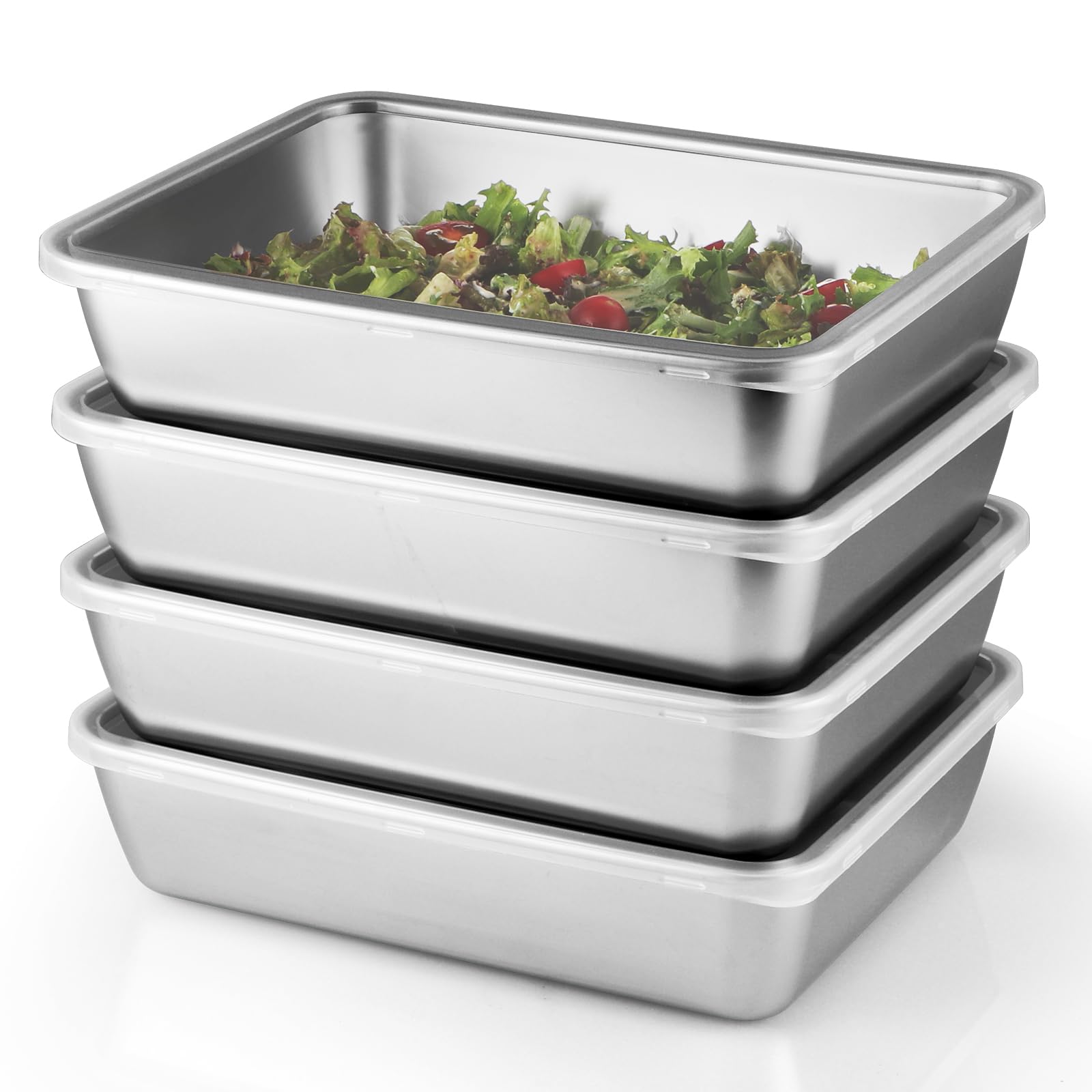 Sanbege 4 Pcs (68oz) Stainless Steel Food Containers with Clear Lids, 10" x 7.7" Stackable Snack Storage Boxes, Deli Meat Keeper for Refrigerator or Picnic, BBQ Party, Office, Gym Lunch