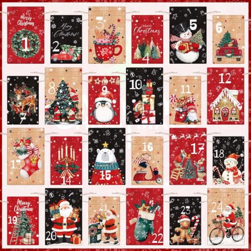24 Pcs Reusable Christmas Advent Calendar Number Bags with Rope & Clips - Classic