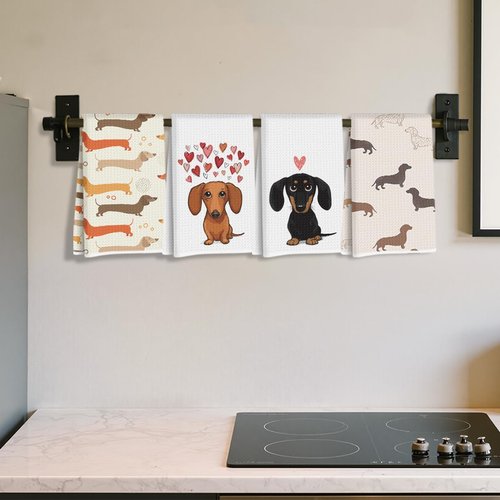 4 Pcs Dachshund Kitchen Towels 24x14 Inch, Dachshund Gifts Reusable Dish Towels for Kitchen Bathroom Decor, Waffle Weave Absorbent Hand Cloth Tea Towel, Cute Weiner Dog Gifts for Women Mom Friend