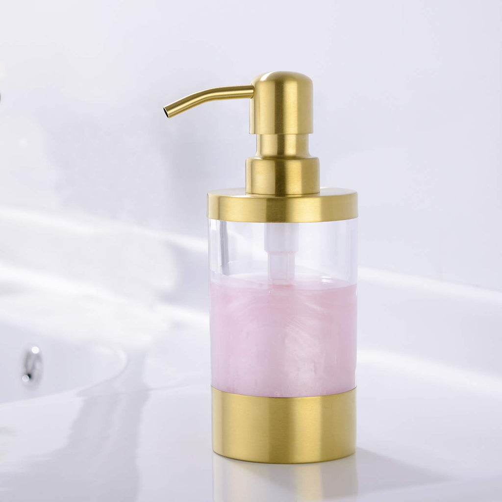 Pirooso Brushed Gold Soap Dispenser - 8oz (250ml) Clear Acrylic Lotion Dispenser with Rust-Proof 304 Stainless Steel Pump, Countertop Dispenser for Bathroom Kitchen