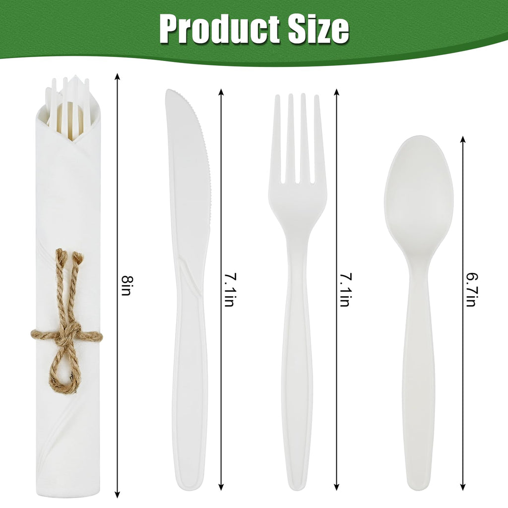 Pre Rolled Napkin Cutlery Set - Compostable Utensils 8" Large Disposable Utensils Wrapped Forks Knives Spoons Napkins Cornstarch Biodegradable Silverware Cutlery for Party (100)