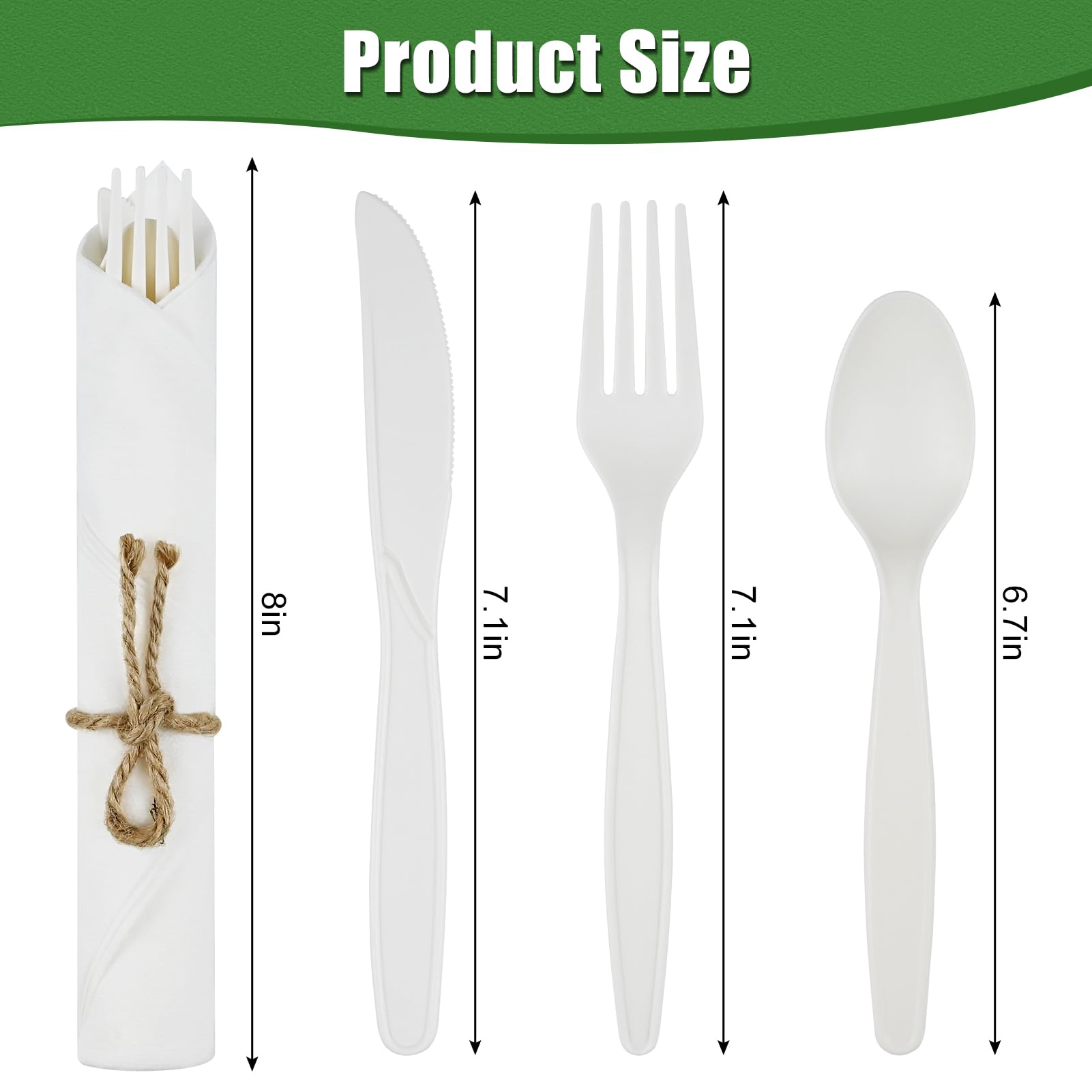 Pre Rolled Napkin Cutlery Set - Compostable Utensils 8" Large Disposable Utensils Wrapped Forks Knives Spoons Napkins Cornstarch Biodegradable Silverware Cutlery for Party (100)