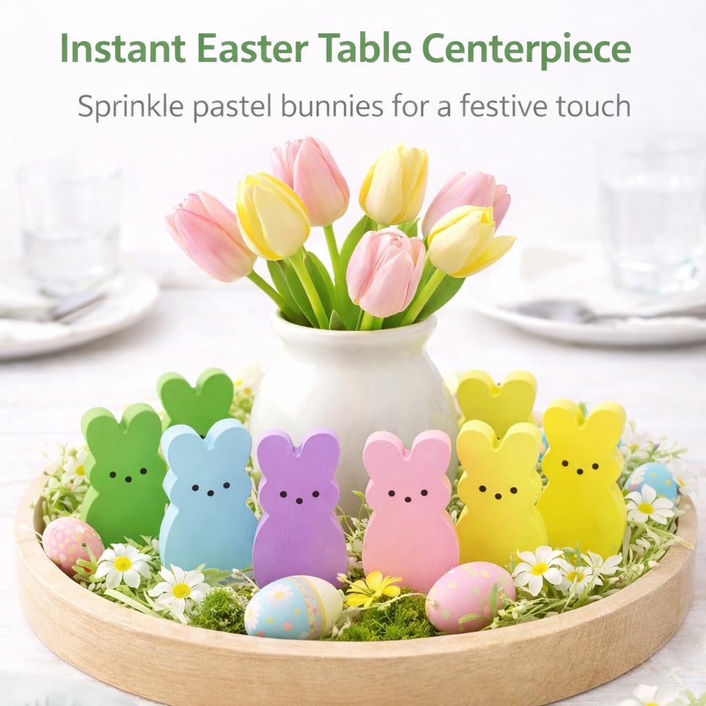 Skiennix Wooden Easter Decor - 30 Pcs Mini Bunny Set for Spring Table Centerpiece & Mantel Shelf