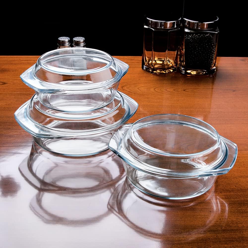 Regine Switzerland Round Tempered Glass Casserole Dish Set - 6 Pieces with Lids, Oven & Dishwasher Safe | 1QT, 1.5QT, 1.8QT