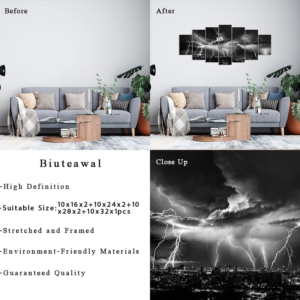 Biuteawal Large 7 Piece Black and White Wall Art Lightning Strikes Painting on Canvas Storm Cityscape Picture Print Nature and City Artwork for Home Office Bedroom Decoration