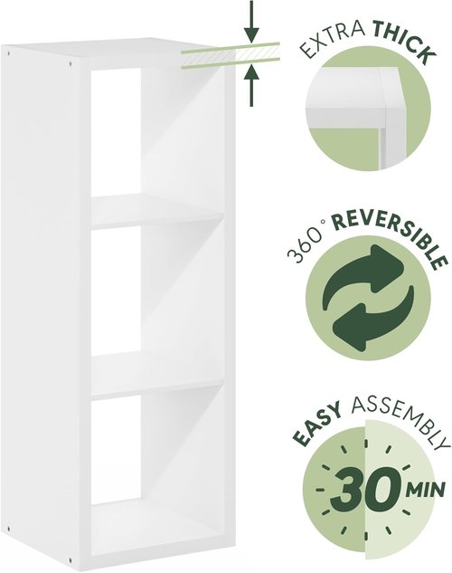 Furinno 3-Cube Bookshelf - Extra Thick Frame, Reversible Design | 14.6" x 16" x 44", White for Home & Office