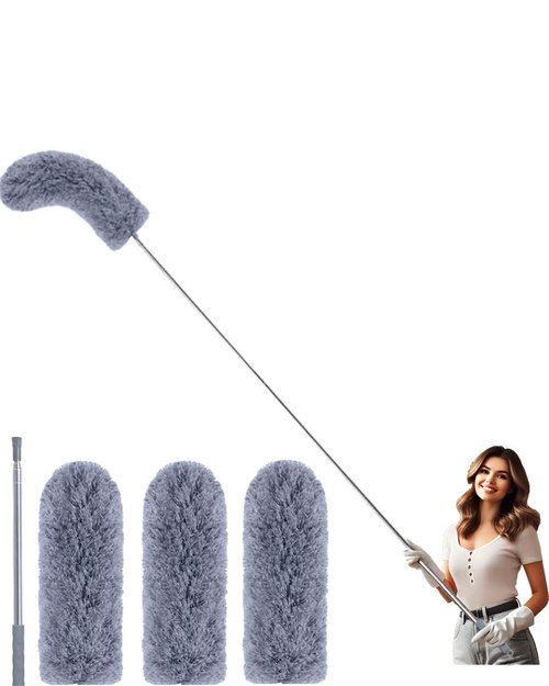 110" Extendable Feather Duster with Extension Pole, Ceiling Fan Cleaner Duster for High Ceiling, Bendable Microfiber Head, Long Handle Duster for Cleaning Fan, Furniture, and Cars (3 replaceable head)