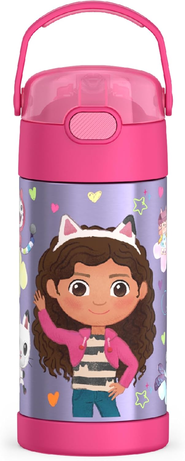 THERMOS FUNTAINER Water Bottle - 12 Ounce Kids Stainless Steel Vacuum Insulated with Straw | Gabby’s Dollhouse