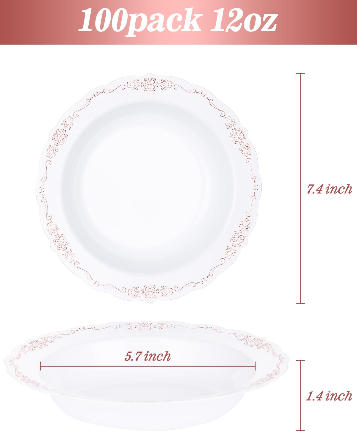 Bestluck 100 Pack Clear Red Plastic Bowls with Gold Rim, 12oz Plastic Salad Bowl, Disposable Bowls for Party, Dinners, Weddings, Christmas, Thanksgiving, Valentine's Day