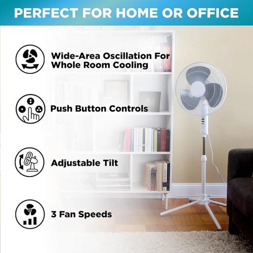 EZ-Chill 16” Oscillating Pedestal Fan - 3-Speed Options & Adjustable Height | Powerful Air Flow in White