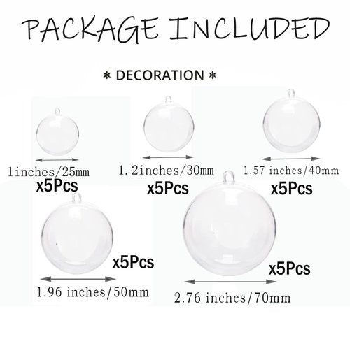 40pcs Clear Plastic Fillable Ornaments,Transparent DIY Craft Ball, Tiny Clear DIY Christmas Ornament 5 Different Sizes for Wedding,Party,Home Decor (25mm+30mm+40mm+50mm+70mm)