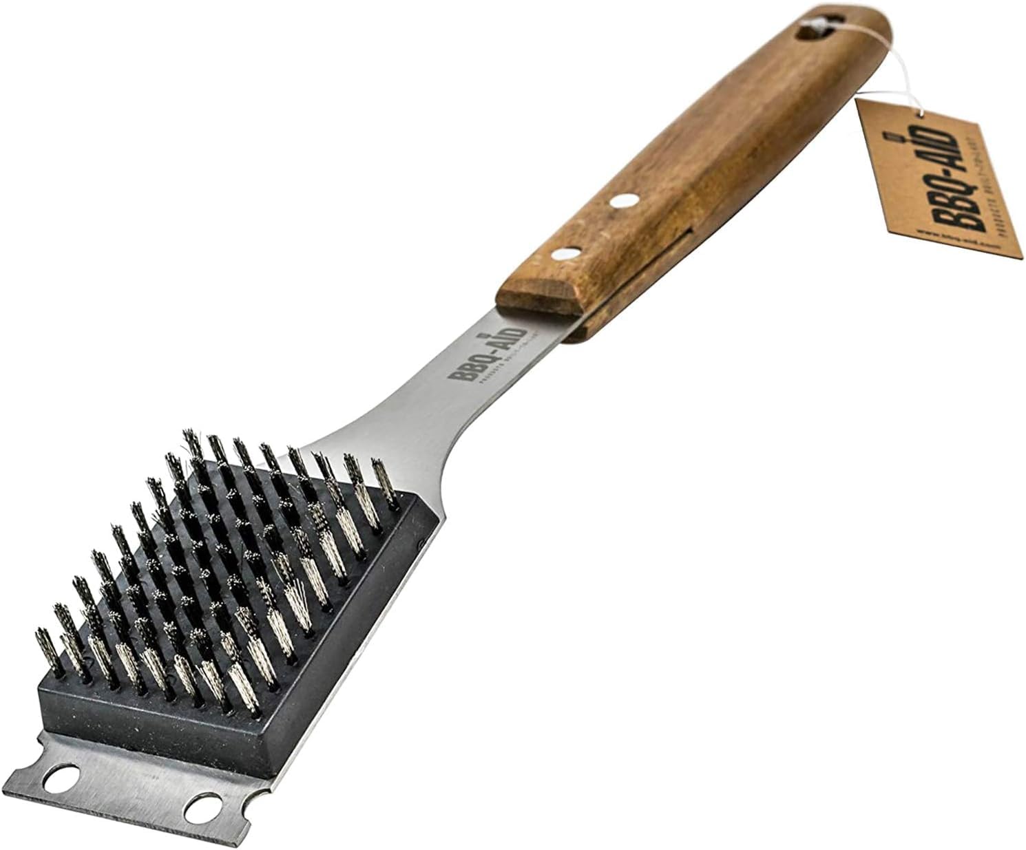 BBQ-Aid Grill Brush - Heavy-Duty Barbecue Scraper with Extended Wooden Handle & Replaceable Stainless Steel Bristles