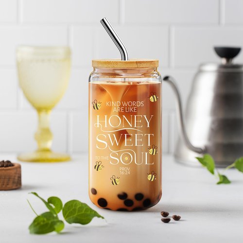 Christian Glass Tumbler Gifts for Bee Lovers - 'Kind Words are Like Honey' Inspirational Bible Verse 16oz with Lid & Straw, Sweet Present for Beekeeper, Teacher, Mom -m10