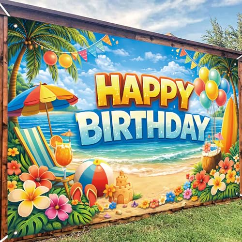 Happy Birthday Beach Backdrop Banner - Tropical Luau Photo Booth (71 x 43 in)