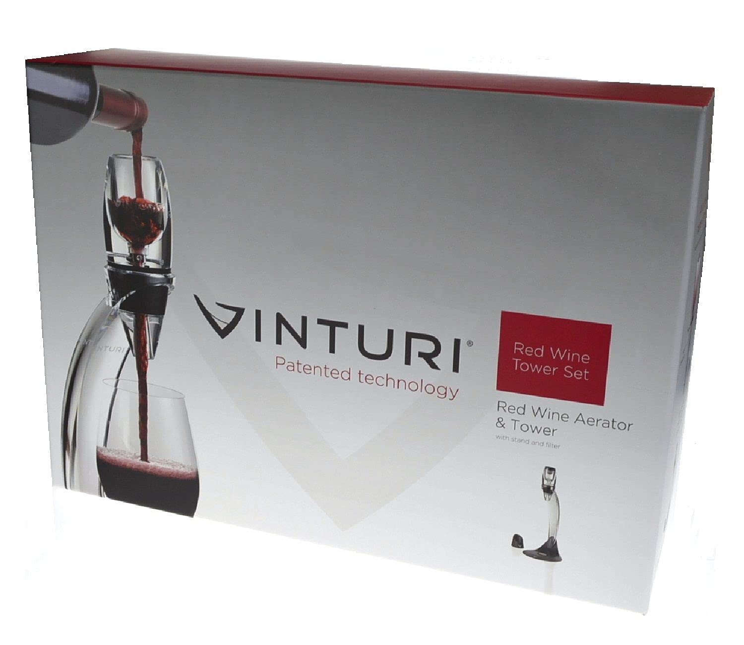 Vinturi Wine Aerator Deluxe Essential Red Wine Pourer and Decanter Tower Stand Set Easily and Conveniently Aerates Wine by the Bottle or Glass and Enhances Flavors with Smoother Finish, Black