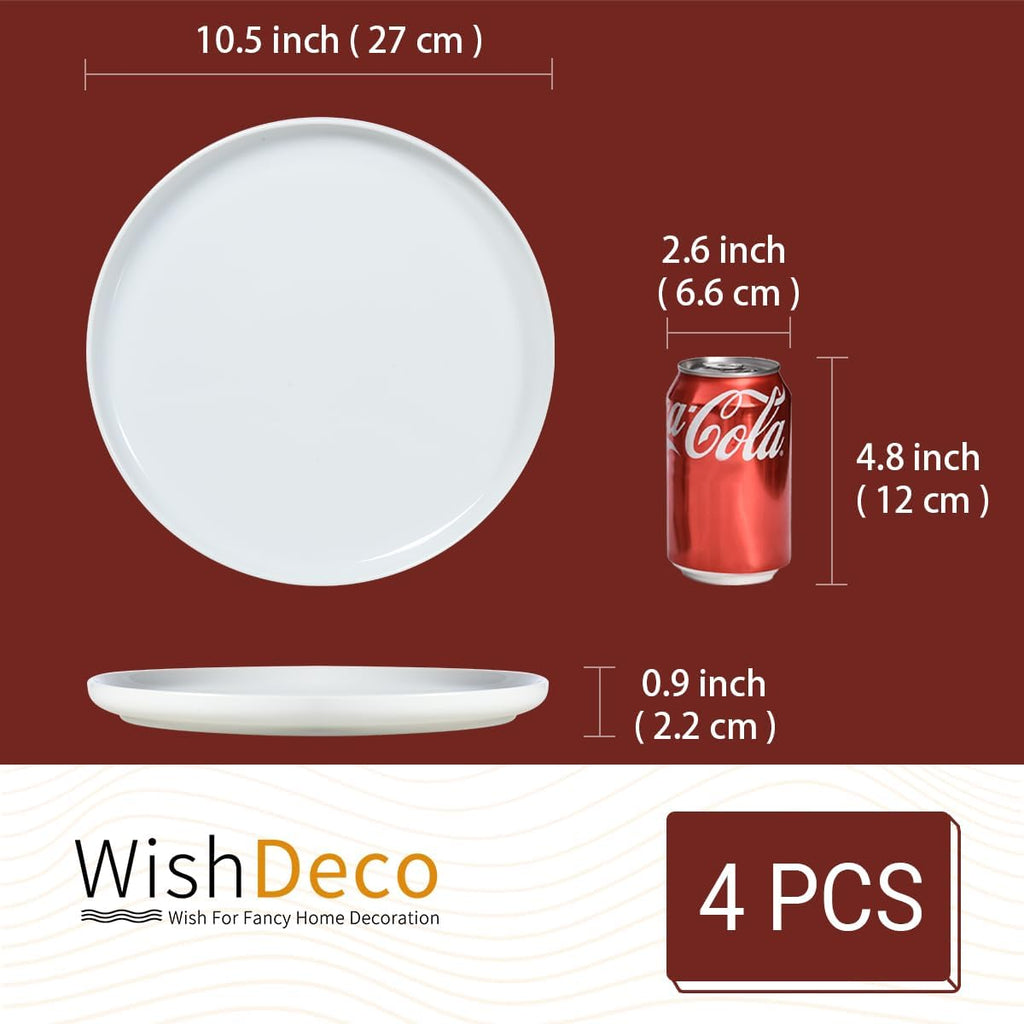 WishDeco White Dinner Plates Set of 4 - 10.5-Inch Ceramic Dining Plates | Microwave & Dishwasher Safe
